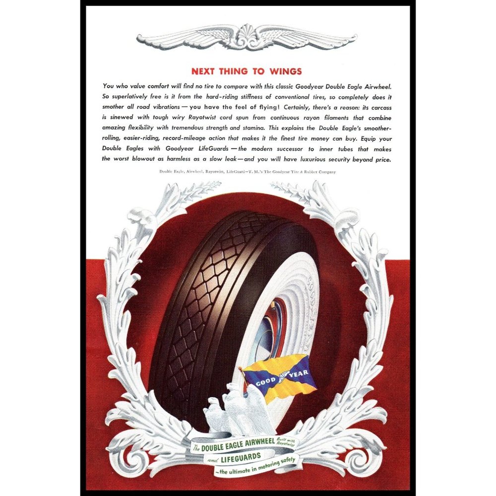 1940 Goodyear Tires Double Eagle Airwheel White Wall Vintage Print Ad Wall Art
